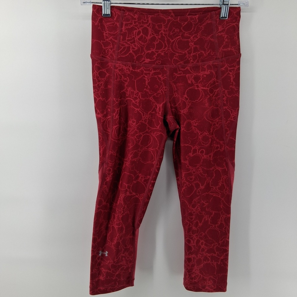 Under Armour HeatGear Leggings Womens S Crimson Red Compression Abstract Capri